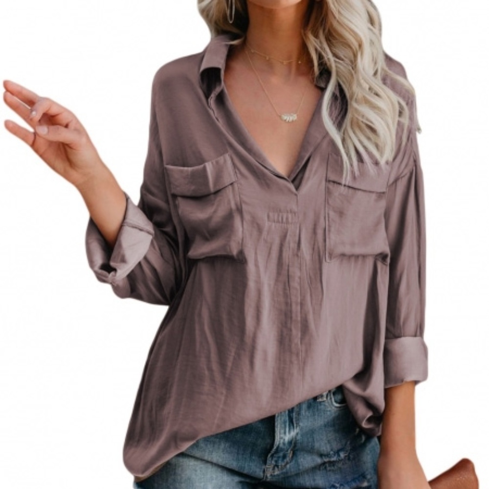 Split Neck Khaki V-Neck Long Sleeve Blouse
